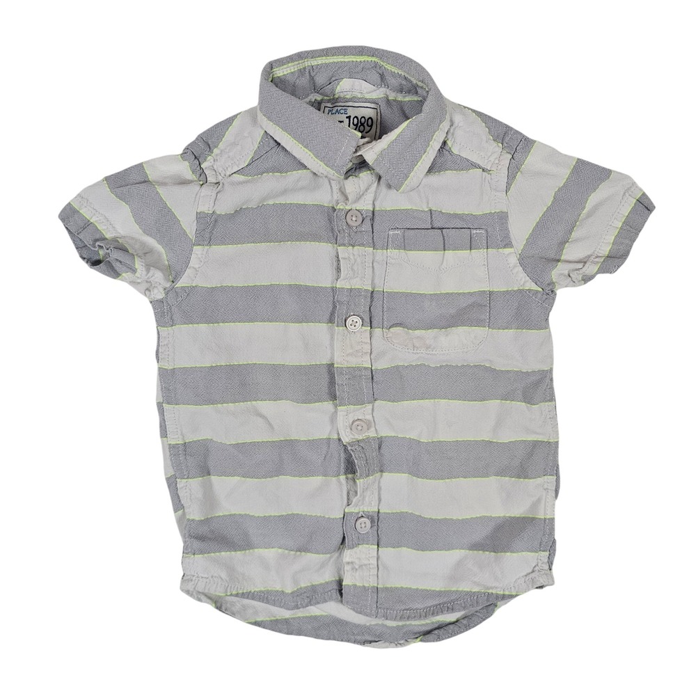 The Childrens Place Boys 3T Striped Button Up Shirt Grey Neon YellowShort Sleeve